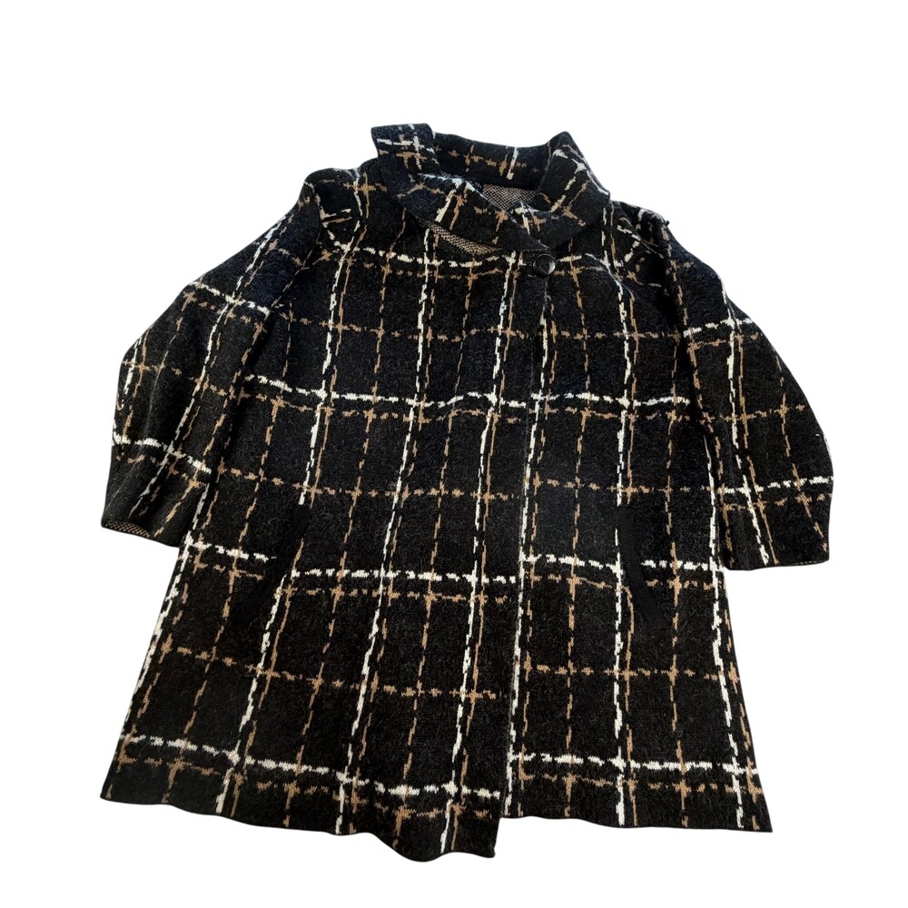Cynthia Rowley Coatigan Womens 3X Black Plaid Knit Button Collared Mid Length